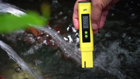 PH checking solution in aquarium tank for healthy goldfish, selective focus and free space for text. Close up of PH digital meter checking water in tank.
