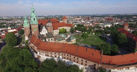 Aerial view of Wawel Royal Castle in Krakow, Cracow situated on Wawel hill, on the bank of the Vistula river