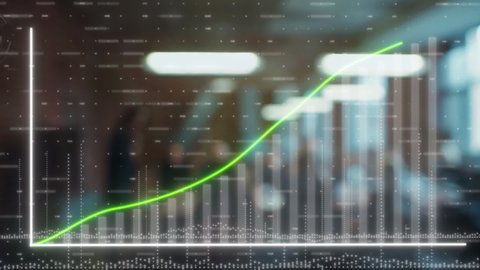Business Chart Infographics Showing Company Growth Profits Success Data. 3D Render Animation of Financial Graphic Chart Diagram with Rising Up Arrow, Profit Bar Stats, and Digital Effects on