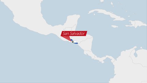 El Salvador map highlighted in El Salvador flag colors and pin of country capital San Salvador, map with neighboring American countries.