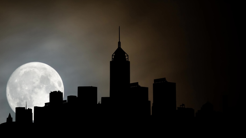 Hong Kong Skyscrapers Over Victoria Harbour, Time Lapse by Night with Big Full Moon,Wan Chai District, China
