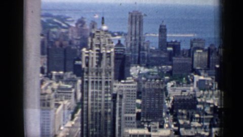 CHICAGO ILLINOIS-1958: Ariel View Of The City Skyline With Water View