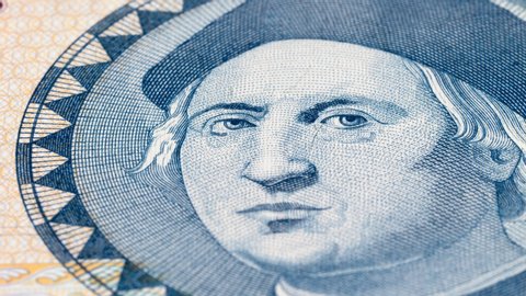 Christopher Columbus portrait on Bahamas 1 dollar banknote tracking. Slider shot. Low angle, macro. 4K