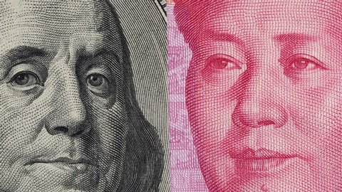 US dollar against China yuan tracking. Slider shot, top view. 4K