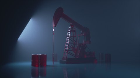 Oil pump jack in a cold, dark, foggy environment. Red barrels of oil litter the landscape in a dystopian vision of fossil fuels. Loopable background animation.