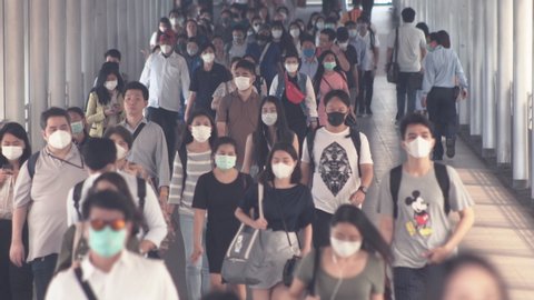 2nd March 2020. Bangkok, Thailand. Crowd wear protective mask for protect Coronavirus, Covid 19 virus during virus outbreak and PM2.5 air pollution crisis in Bangkok Thailand.
