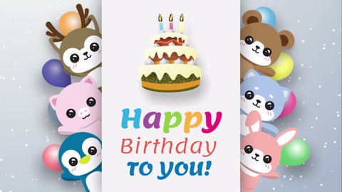 animation party happy birth day card drop form top with cake, colorful balloon and cute kawaii animal popup from back card