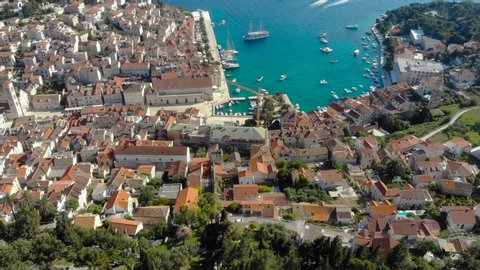 HVAR, CROATIA - JUNE, 22, 2019: amazing aerial panorama on mediterranian town, 4K, HD 1080