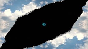 Creative 4k time laps video hole in the sky with moving clouds with torn edges, as on paper, and moving into the camera in this hole from the darkness of outer space of the eye. A hole in space.
