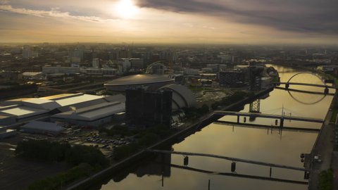 Glasgow aerial sunrise timelapse view over the river Clyde 