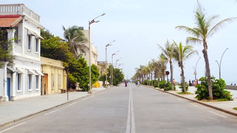 INDIA - CIRCA AUGUST 2018 - Empty coastal beach road, French colonial architecture, Pondicherry, India