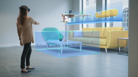 Decorating Apartment: Pretty Woman Wearing Mixed Reality Headset Uses Augmented Reality Interior Design Software to Choose 3D Furniture for Living Room. She Pick Furniture. 3D Render