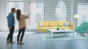 In Empty New Apartment: Lovely Young Couple Use Digital Tablet with Augmented Reality Software to Choose 3D Furniture for their Cozy New Home. Happy Young People Using Technology to Design Decorate - Powered by Shutterstock - Get 15% off with code: PIKWIZARD15