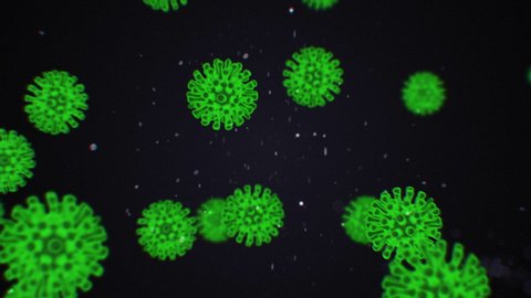 Pathogen of coronavirus 2019-nCov inside infected organism under microscope as red color cells on black background. Dangerous virus strain cases leading to epidemic. 3d rendering close up in 4K video. Arkivvideo