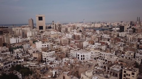 Aerial view of partly crumbling and partly renovated historic Al Balad, unique architecture with houses made of coral limestone (from the Red Sea) and wood, Saudi Arabia
