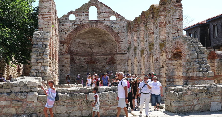 Nesebar, Bulgaria - August 9, 2019: Many Tourists Visiting The Ruins Of The Antique Church Of Saint Sofia (Hagia Sophia) In The Old Town Of Nessebar, South Of Bulgaria, Burgas Province, Europe. DCi 4K
