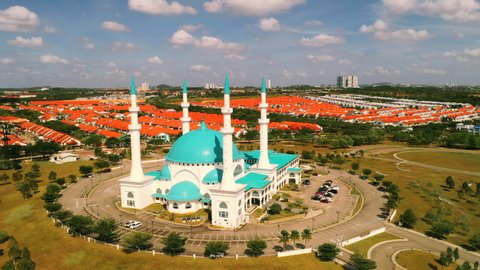 Aerial Orbiting Sultan Iskandar Mosque Johor Bahru Malaysia With Beautiful Sky And Cloud Cinematic 4K Footage