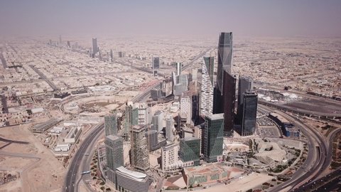 RIYADH, SAUDI ARABIA – DECEMBER 2019: Tilting aerial view of modern business district (King Abdullah Financial district) in Riyadh, real estate economy investment Saudi Arabia
