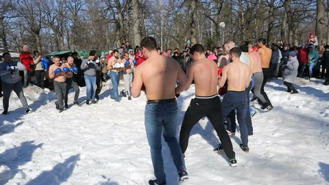 Samara, Russia - March 1, 2020: Shrovetide in Russia. Fighters of fisticuffs at the festival of Maslenitsa. Maslenitsa or Pancake Week is the ancient Slavic Holiday