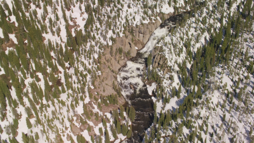 Upper Terraced Falls on the Fall River in Yellowstone National Park, surrounded by snow-covered lodge pole forest
