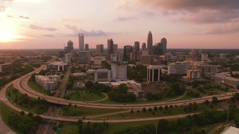 Charlotte, North Carolina circa-2019. Aerial view of Charlotte at sunset. Shot from helicopter with Cineflex gimbal and RED 8K camera.