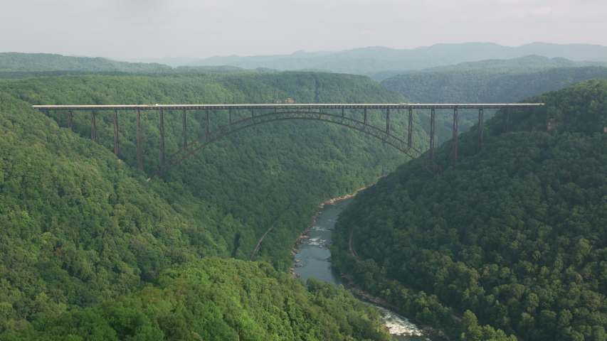 New River Gorge National River, West Virginia. Shot from helicopter with Cineflex gimbal and RED 8K camera.