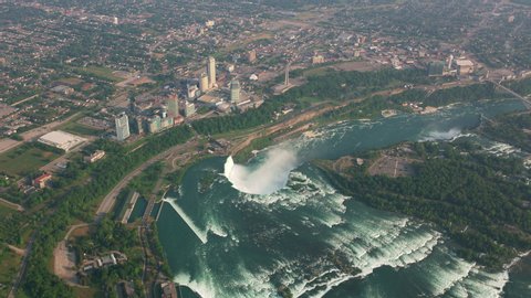 Aerial view of Niagara Falls, Ontario, Canada. Shot from helicopter with Cineflex gimbal and RED 8K camera.