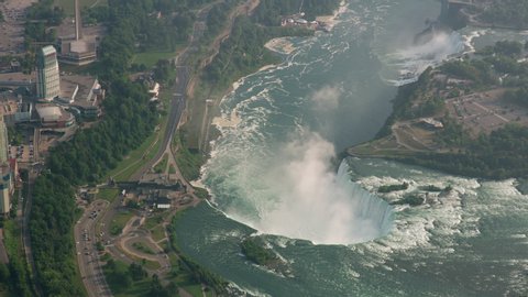 Aerial view of Niagara Falls, Ontario, Canada. Shot from helicopter with Cineflex gimbal and RED 8K camera.