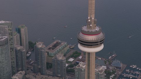 Toronto, Canada circa-2019. Aerial view of Toronto at dusk. Shot from helicopter with Cineflex gimbal and RED 8K camera.