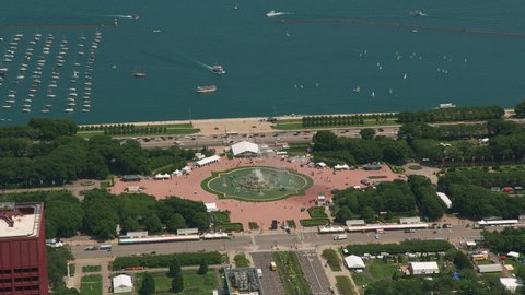 Chicago, Illinois circa-2019. Aerial view of Buckingham Fountain in Grant Park. Shot from helicopter with Cineflex gimbal and RED 8K camera.