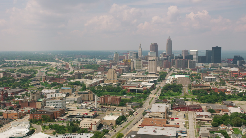 Cleveland, Ohio circa-2019. Aerial view of Cleveland. Shot from helicopter with Cineflex gimbal and RED 8K camera.