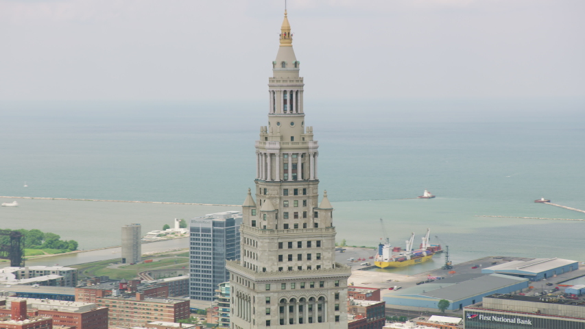 Cleveland, Ohio circa-2019. Aerial view of Terminal Tower in Cleveland. Shot from helicopter with Cineflex gimbal and RED 8K camera. Royalty-Free Stock Footage #1047650809