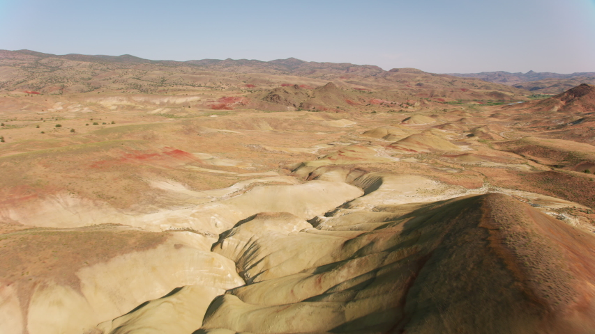 Aerial view of the Painted Hills, located in Wheeler County, Oregon. Shot from helicopter with Cineflex gimbal and RED 8K camera.