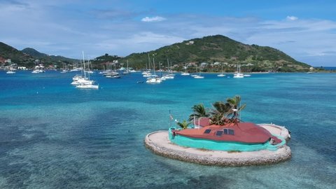 Happy Island drone video in Clifton harbour, St Vincent and the Grenadines, sailboats, catamarans, island life