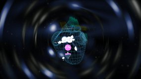 Animated tiny world spinning inside heart-shaped grid over techno waves illuminated background. - Powered by Shutterstock - Get 15% off with code: PIKWIZARD15