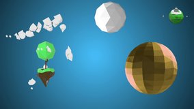 Interesting cartoon, low-poly objects, rotating over blue background, looking as if coming from popular angry birds game.