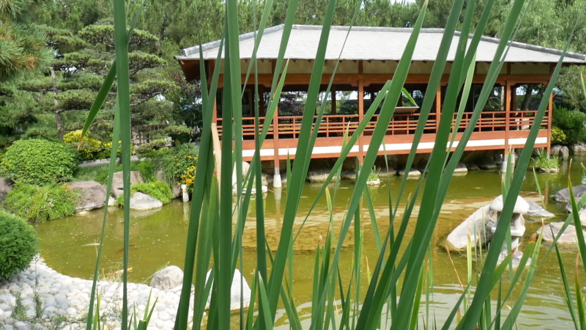 pond and pagoda in Japanese gardens in Monaco