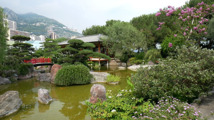 bridge, pond and pagoda in Japanese gardens in Monaco