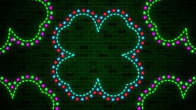 Seamless Loop Flickering Colorful Neon Light Four Leaf Clover Dotted And Dashed Lines Motion Against Dark Green Brick Wall And Purple Blue Background - Powered by Shutterstock - Get 15% off with code: PIKWIZARD15