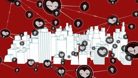 Animation of network of connections with heart beat and location icons, digital data processing with 3d architectural model of modern city with office buildings and skyscrapers in the background. - Powered by Shutterstock - Get 15% off with code: PIKWIZARD15