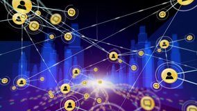 Animation of network of connections with people icons, digital data processing, 3d architectural model of modern city with office buildings and skyscrapers in the background. Digital network of global - Powered by Shutterstock - Get 15% off with code: PIKWIZARD15