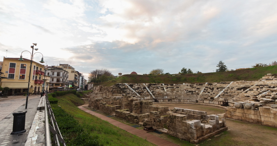 TIme lapse at sunset time of the First Ancient Theater located in the Acropolis of Larissa, Greece.
