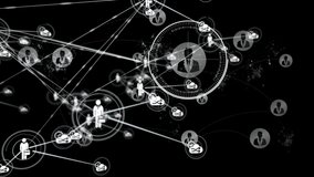 Animation of network of connections with people and share icons, digital data processing and scrolling on black background. Digital network of global connections networking business concept digitally - Powered by Shutterstock - Get 15% off with code: PIKWIZARD15