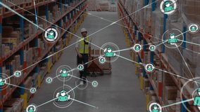 Animation of network of connections with human representaion icons, digital data processing with busy warehouse workers in the background. Digital network of global connections networking business - Powered by Shutterstock - Get 15% off with code: PIKWIZARD15