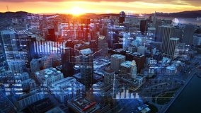  Financial charts and data over San Francisco. Futuristic city skyline. Big data, Artificial intelligence, Internet of things, VR. Stock exchange figures. Aerial view. - Powered by Shutterstock - Get 15% off with code: PIKWIZARD15