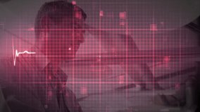 Animation of data processing and statistics recording heart beat rate with businessman working on laptop computer and walking on treadmill in an office in the background. Global sport and technology - Powered by Shutterstock - Get 15% off with code: PIKWIZARD15