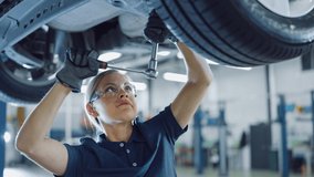 Slow Motion Portrait Footage of a Female Mechanic Working on a Vehicle in a Car Service. Empowering Woman Wearing Gloves and Using a Ratchet Underneath the Car. Modern Clean Workshop. - Powered by Shutterstock - Get 15% off with code: PIKWIZARD15