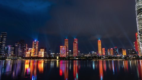 Shenzhen/China- February 1 2020: time lapse of light show in Shenzhen China, beautiful China Cityscape at night 2020