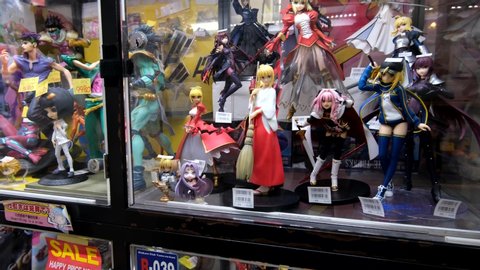Tokyo, Japan - March 3, 2020: Anime otaku figures in Akihabara