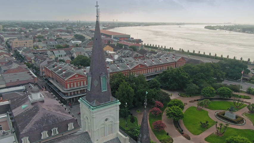 Aerial:French Quarter, St Louis Cathedral church steeple & Jackson Square. New Orleans, Louisiana, USA. 